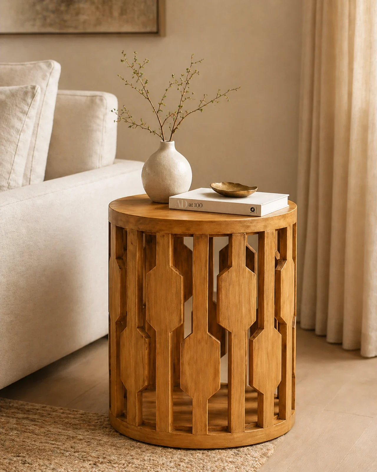 Handcrafted Accent Table Lantern Drum Side Table by Auretz Decor for wooden home decor and living room styling