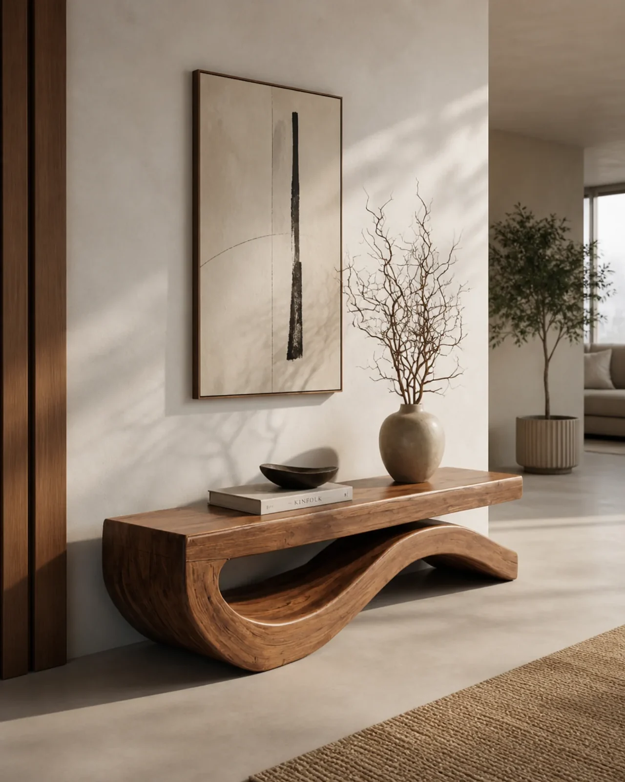 Handcrafted Accent Table Modern Bench Flowing Curved Base by Auretz Decor for wooden home decor and living room styling