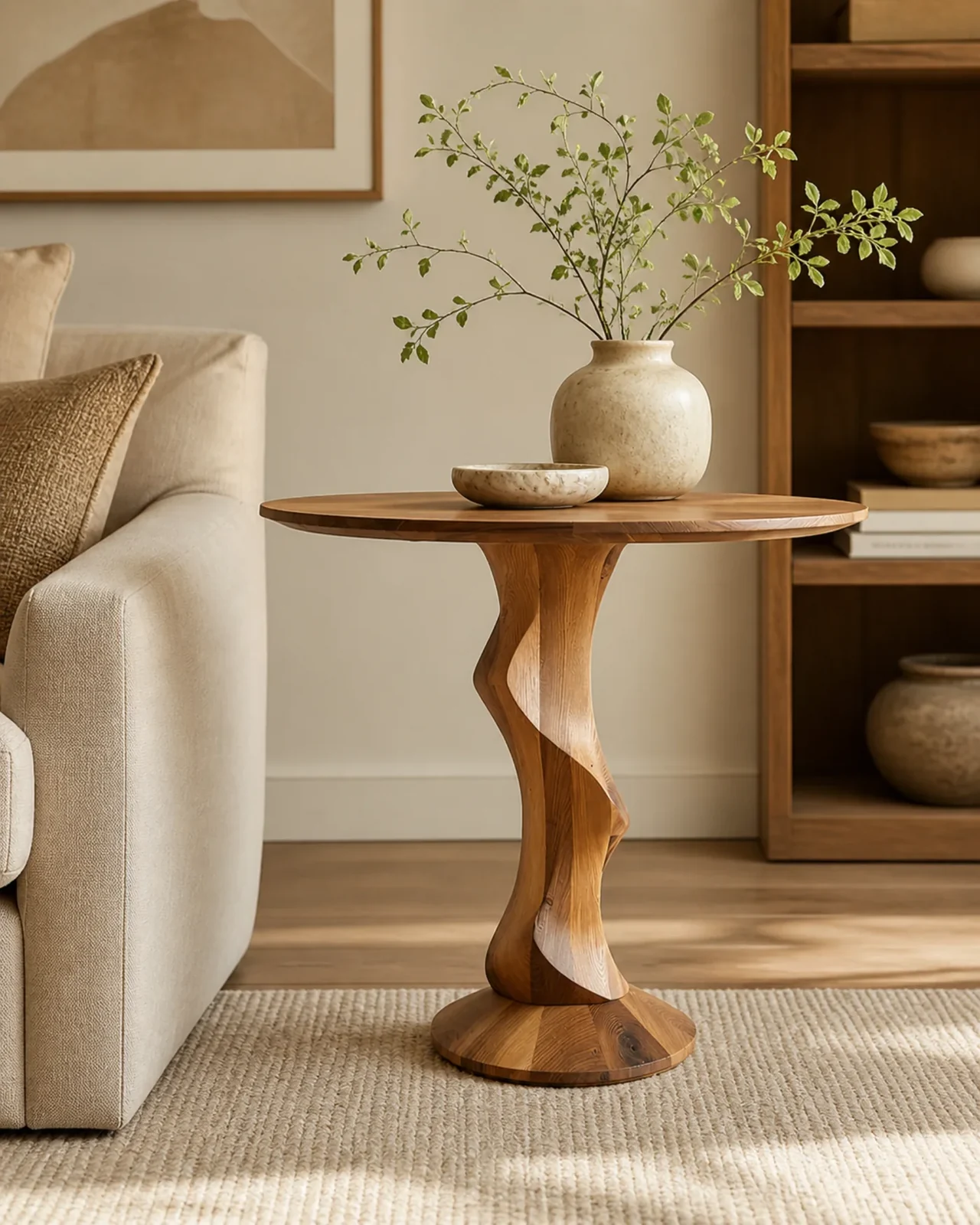 Handcrafted Accent Table Twist Pedestal Wood Side Table by Auretz Decor for wooden home decor and living room styling