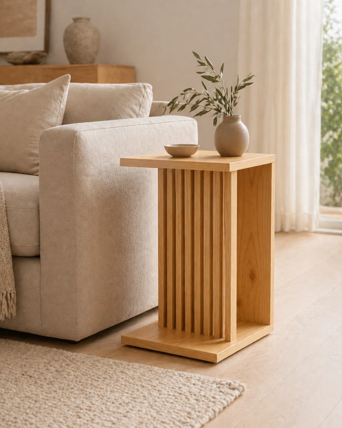 Handcrafted Accent Table Wooden Reed Side Table by Auretz Decor for wooden home decor and living room styling