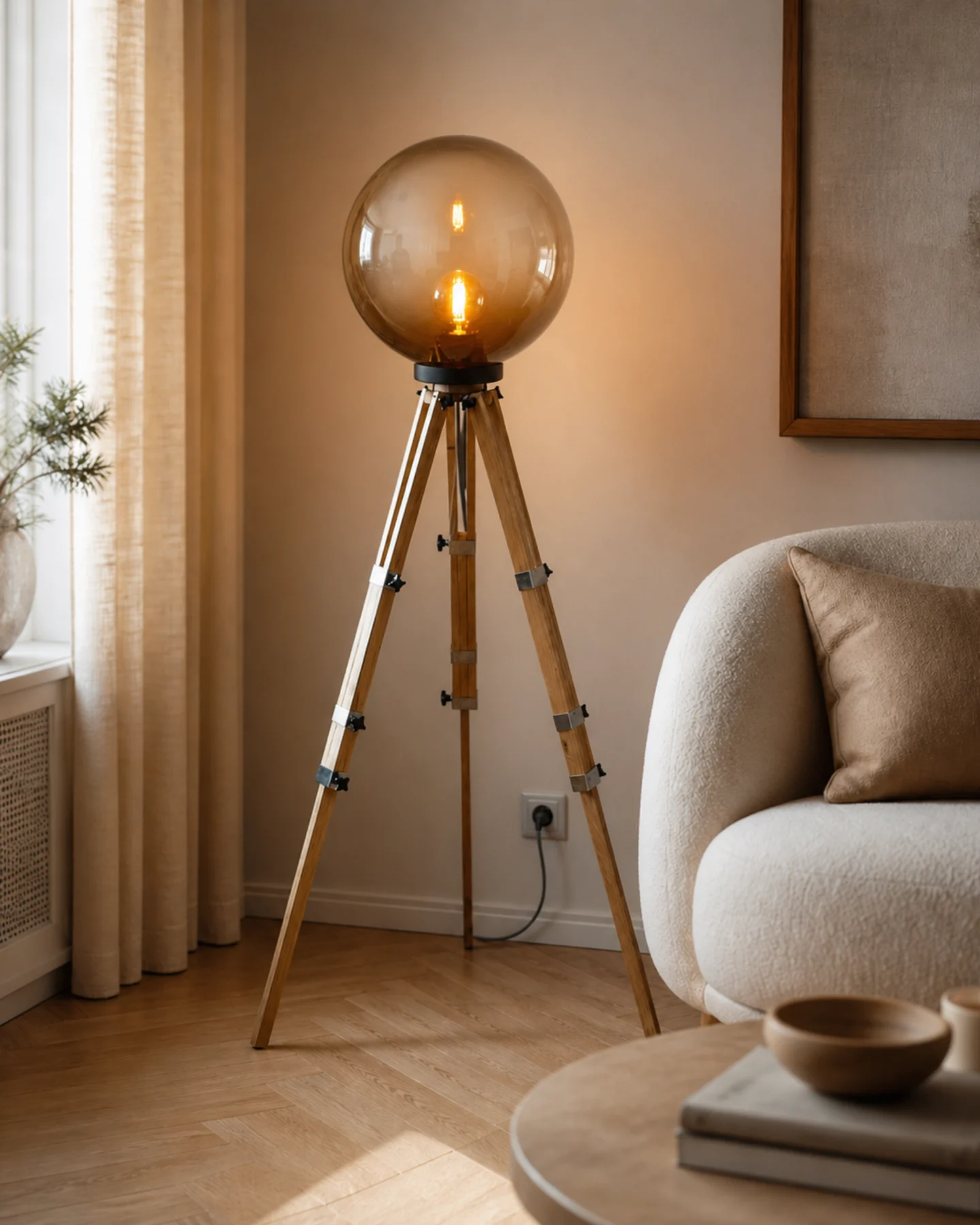 Lighting Amber Orb Floor Lamp by Auretz Decor for warm wooden home lighting and interior decor