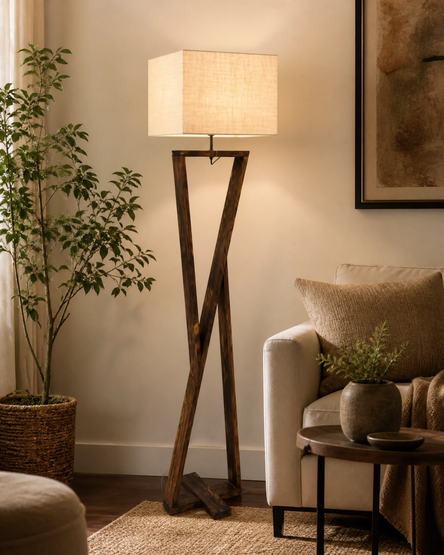 Lighting Chloe Wooden Floor Lamp With Jute Fabric Lampshade by Auretz Decor for warm wooden home lighting and interior decor