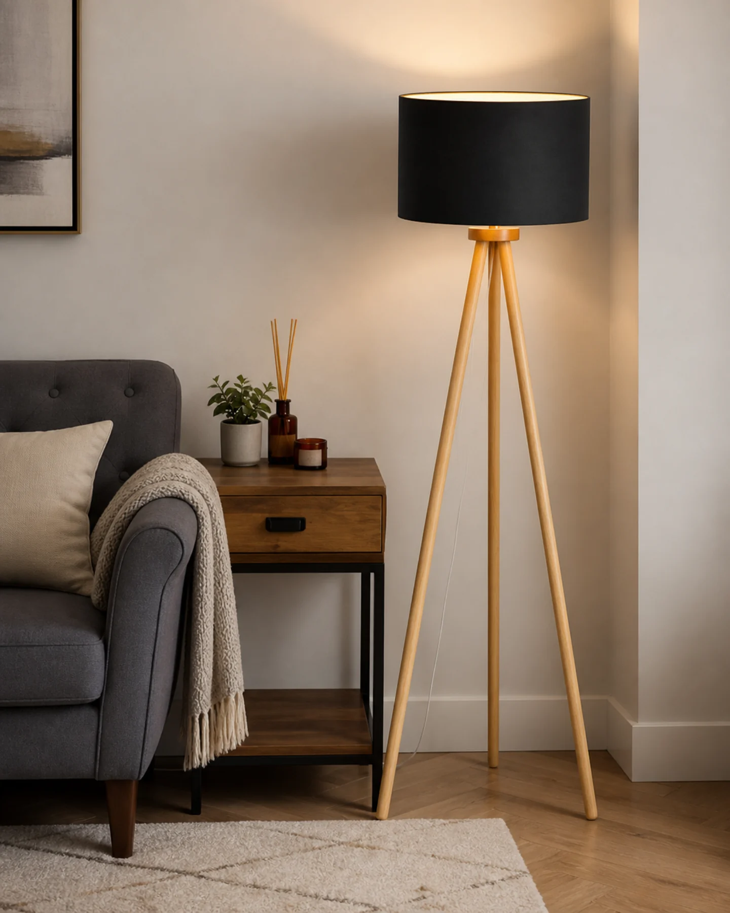 Lighting Wooden Tripod Floor Lamp by Auretz Decor for warm wooden home lighting and interior decor