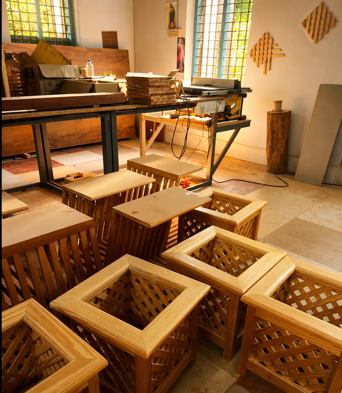 Auretz Decor workshop showing handcrafted wooden home decor production